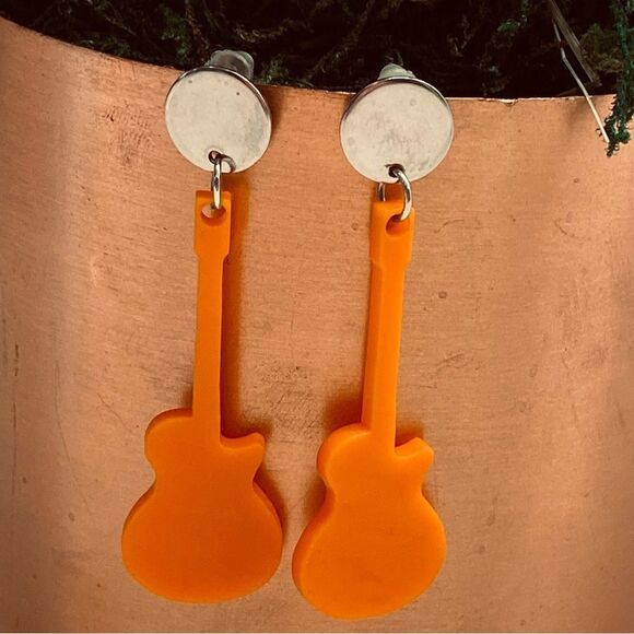 Orange Guitar Earrings Rock 'n Roll - Picture 2 of 7